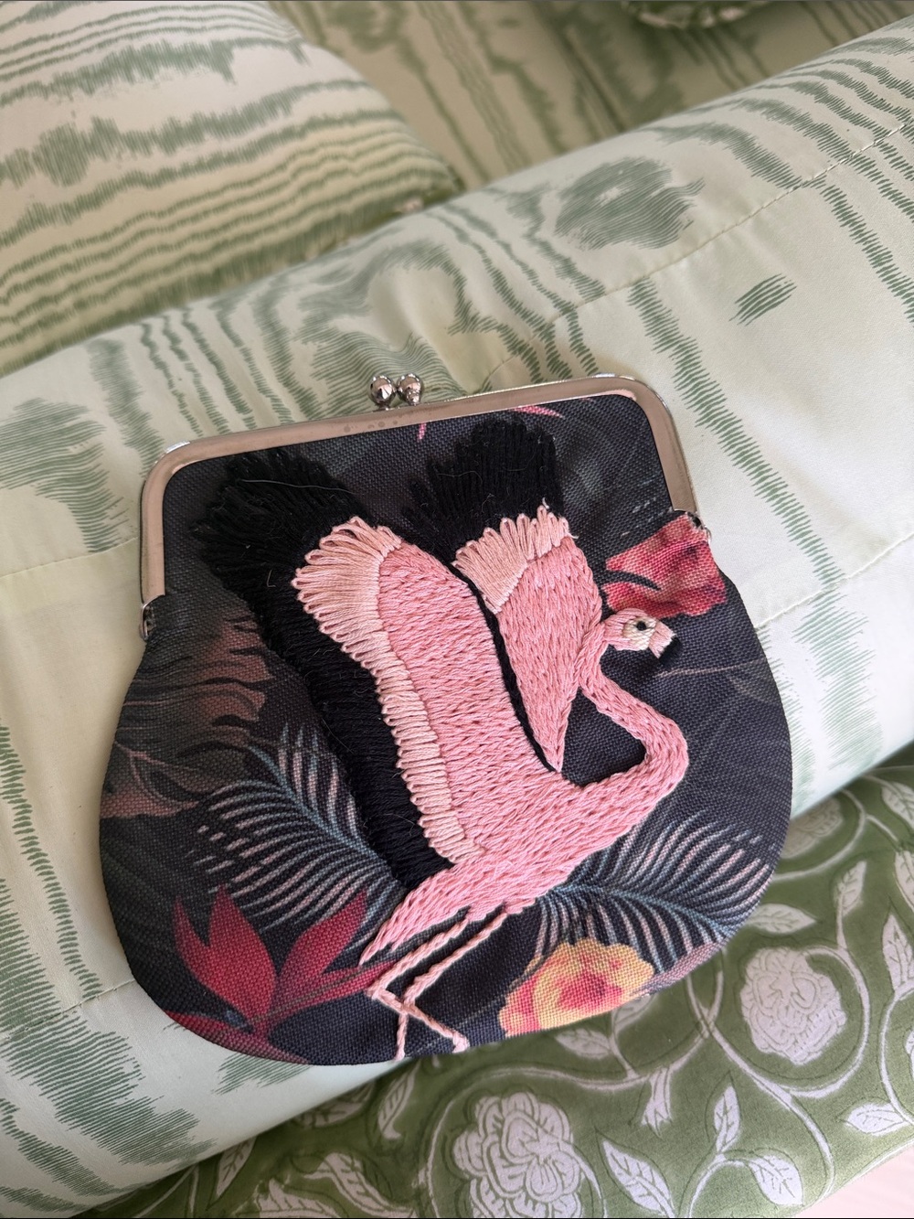 Pink Flamingo Embroidered Coin Purse - Women Bags